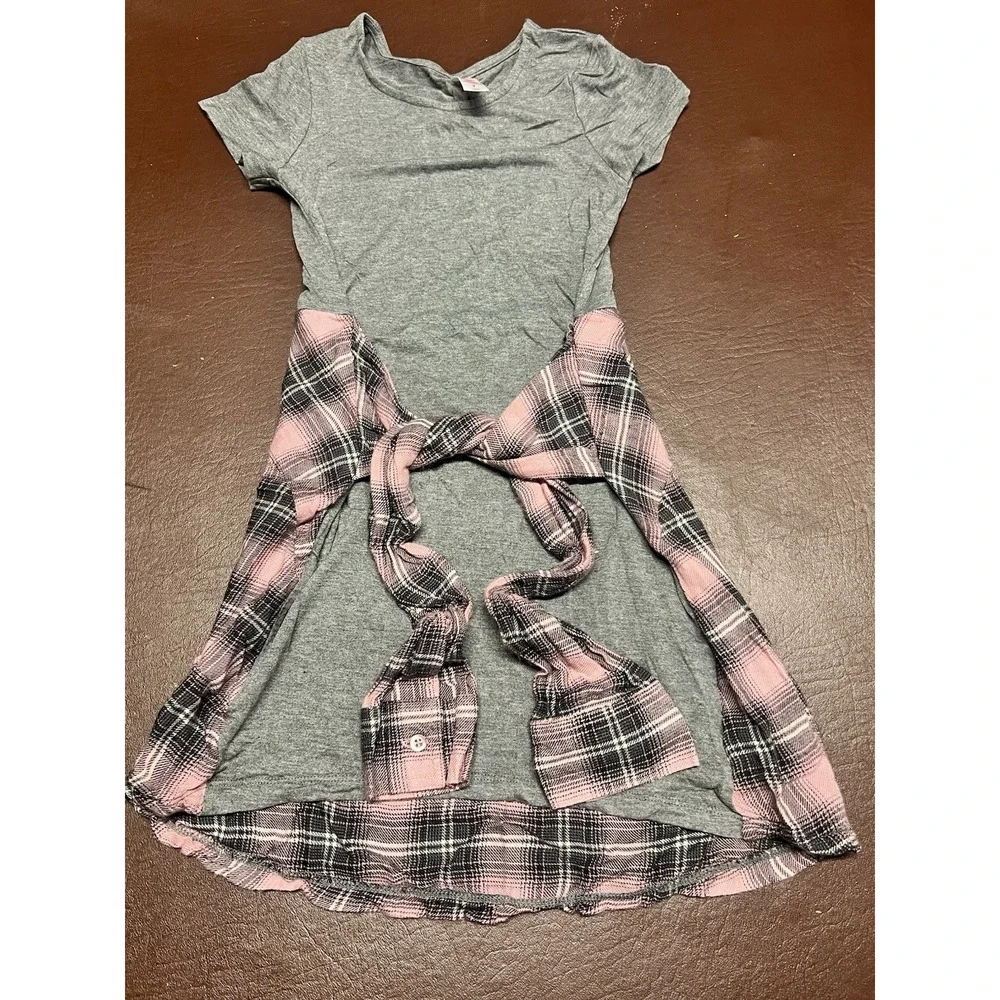 Justice Grey‎ w/ Faux Pink Black Flannel Shirt Tie Dress Sz. 7